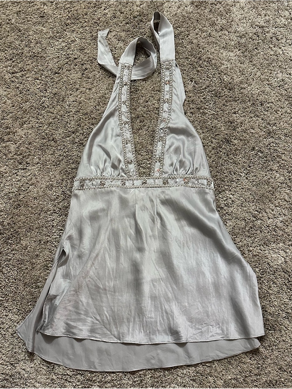 Victoria's Secret Silver Halter Chemise with Beaded Trim